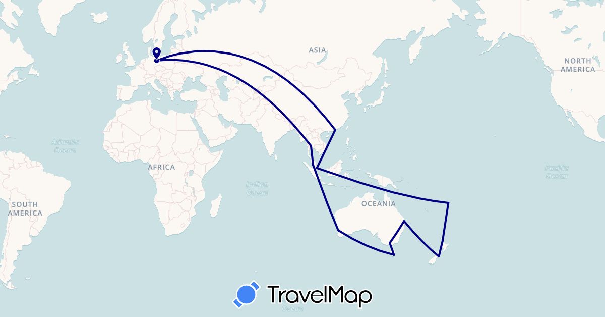 TravelMap itinerary: driving in Australia, Germany, Fiji, Hong Kong, Malaysia, New Zealand, Singapore, Thailand (Asia, Europe, Oceania)